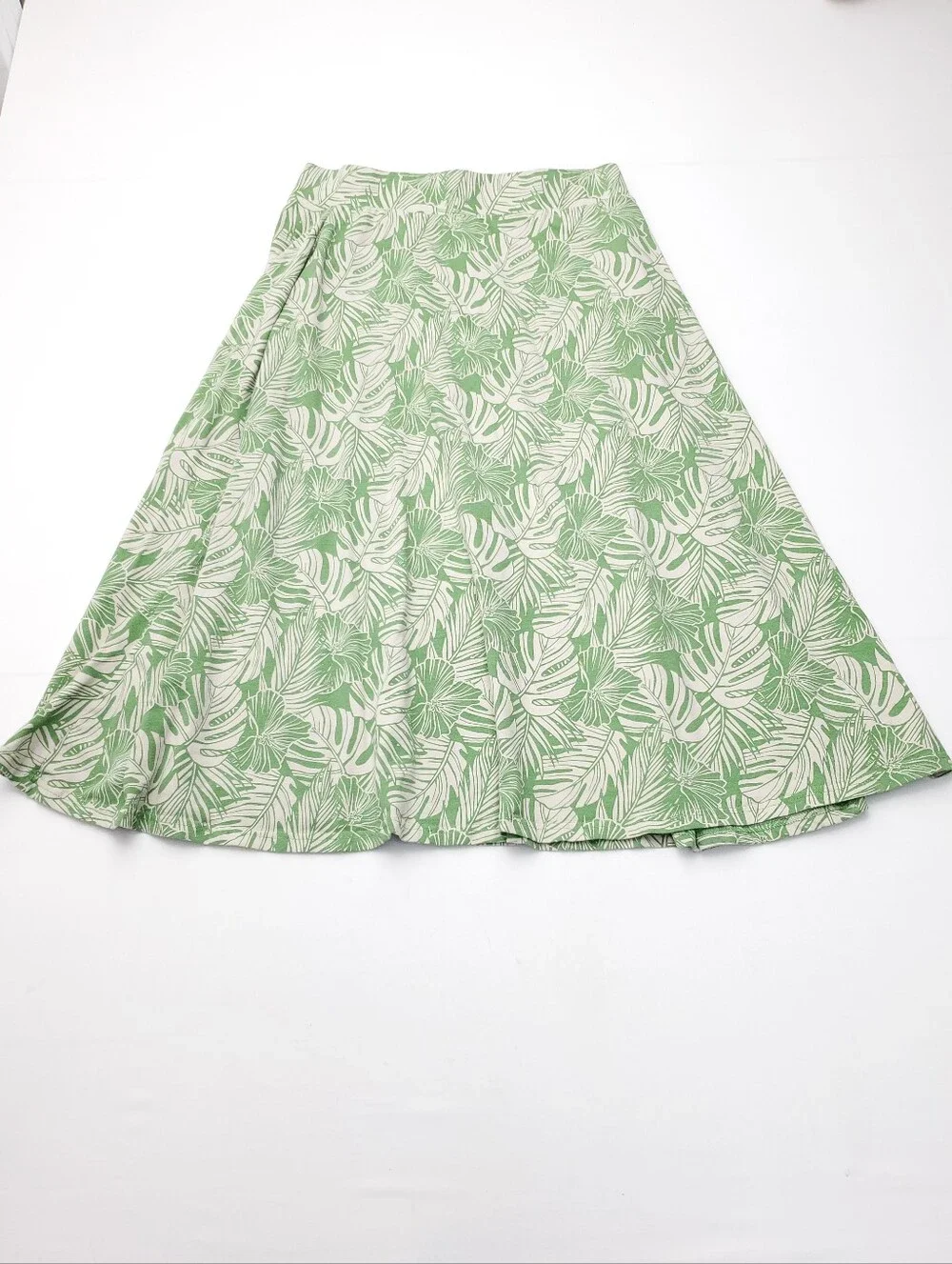 Pact Green/Cream Jade Palms Leaf Print Fit And Flare Midi Skirt Travel Size L